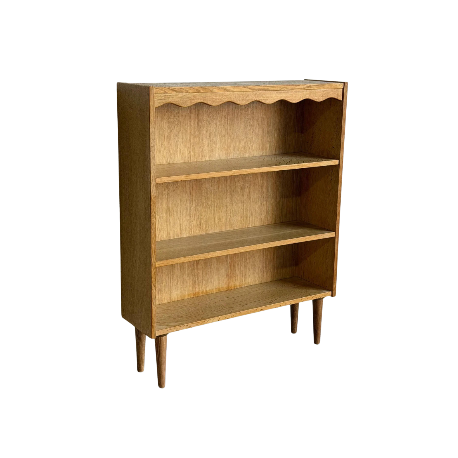 Mid-Century Modern Oak Bookcase with 3 Open Shelves Scalloped Top Trim and Tapered Legs Denmark 1960s