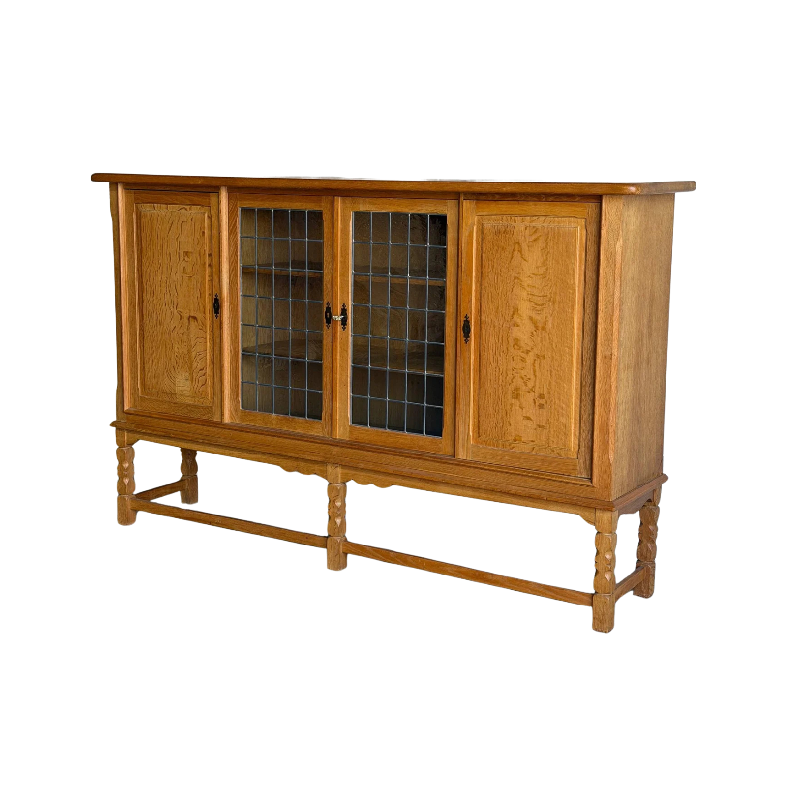 Henning Kjærnulf Large Oak Sideboard with 2 Leaded Glass and 2 Panel Doors Denmark 1960s