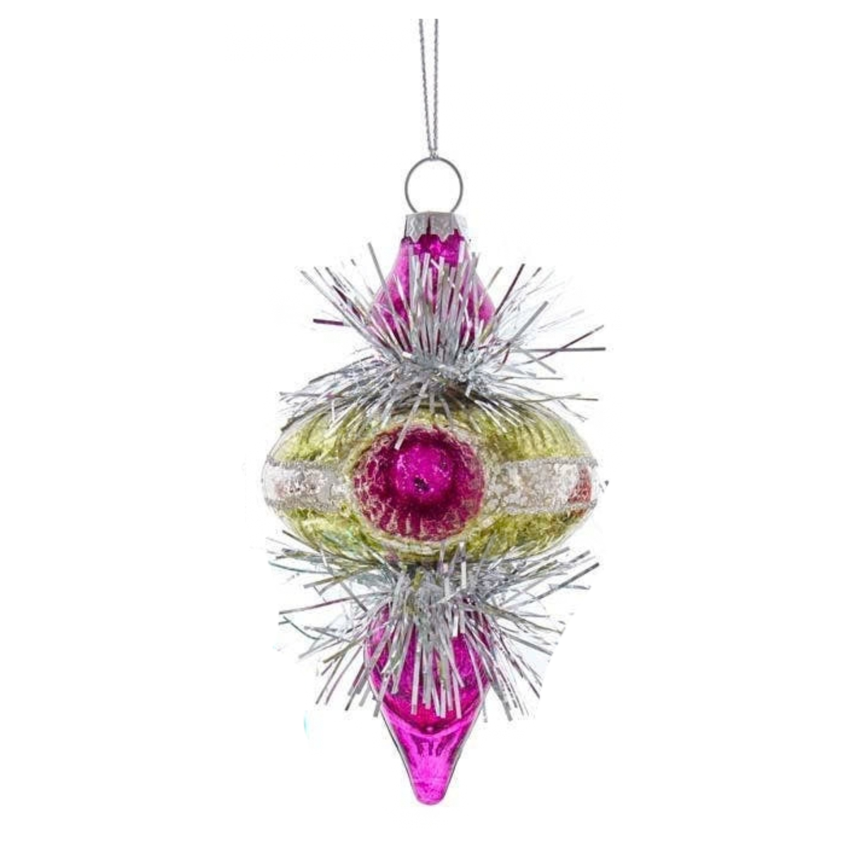 5" Glass Retro Finial with Tinsel Ornament, Pink