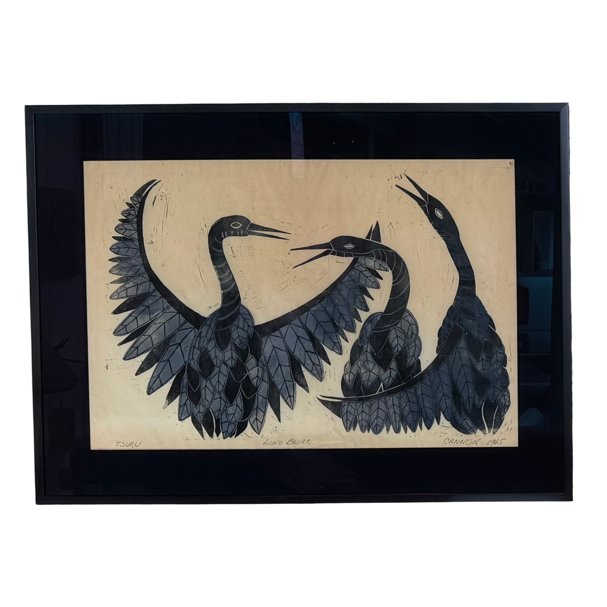 Framed mid-century linocut print titled "Tsuru" (Japanese for "crane") created in 1965 by the American artist and printmaker Charles Cannon.