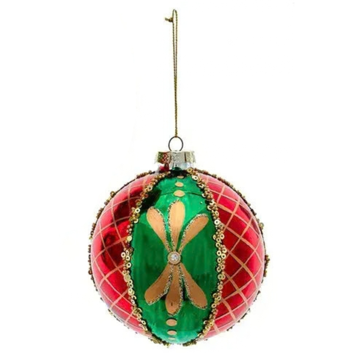 4" Glass Green+Gold+Red Ball Ornament