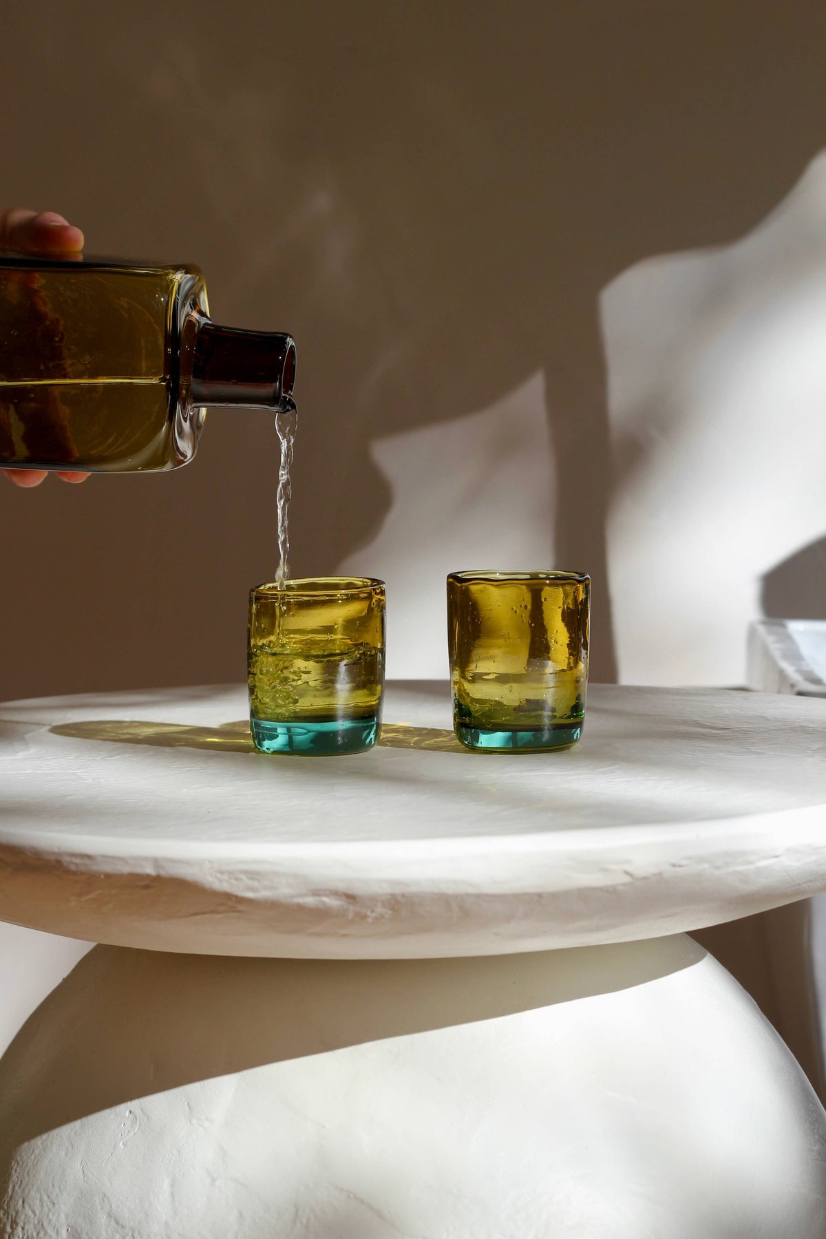 Carafe + Two Minis. Bedside Carafe Set in Aqua/Amber - Handblown, Recycled Glass