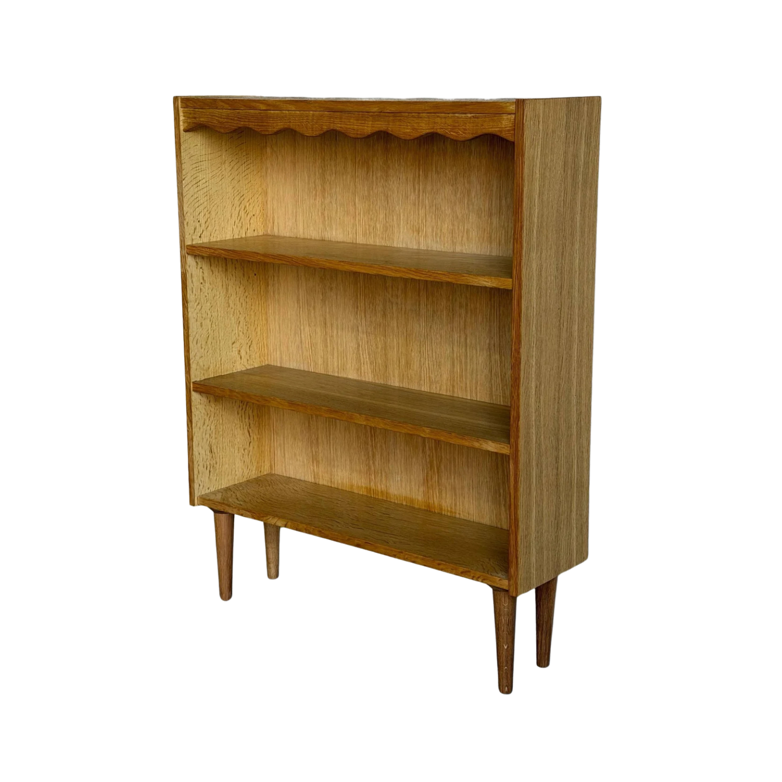 Mid-Century Modern Oak Bookcase with 3 Open Shelves Scalloped Top Trim and Tapered Legs Denmark 1960s