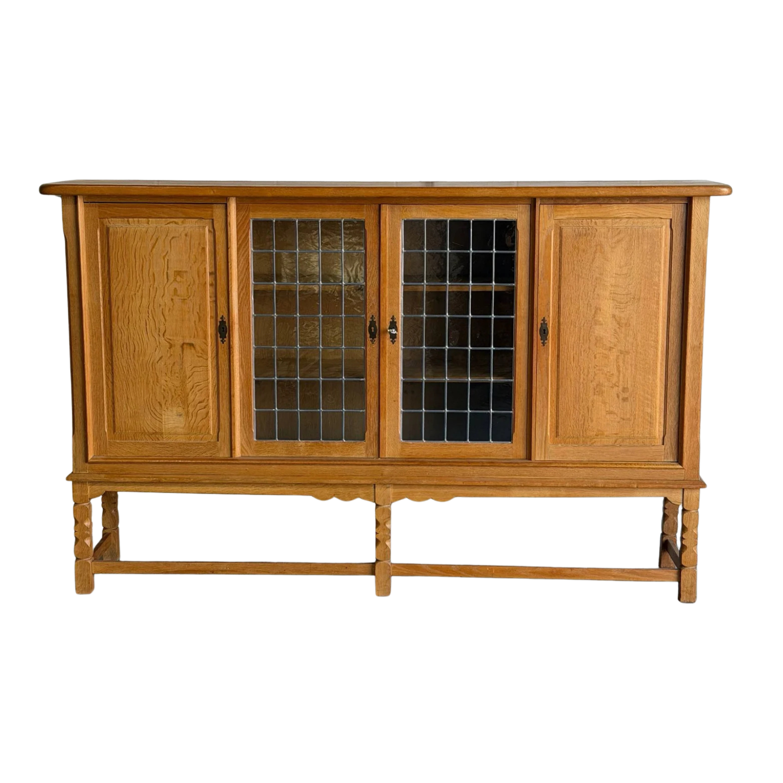 Henning Kjærnulf Large Oak Sideboard with 2 Leaded Glass and 2 Panel Doors Denmark 1960s