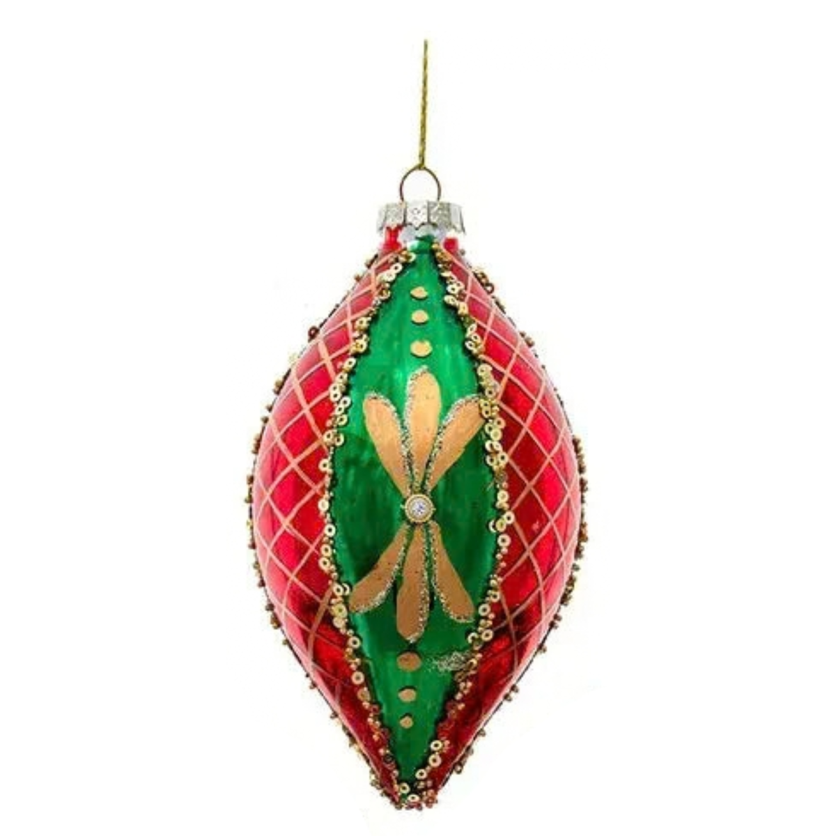 4" Glass Green+Gold+Red Drop Ornament