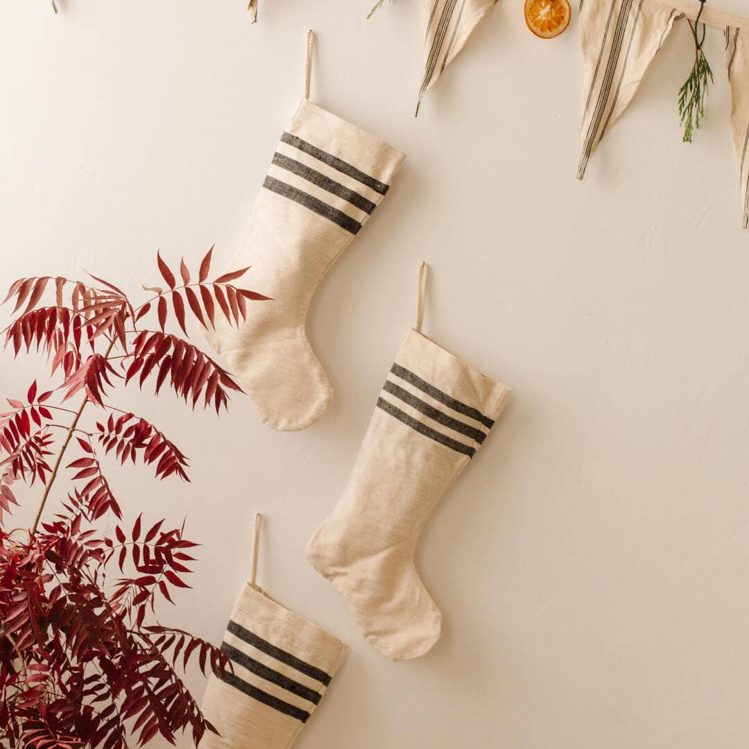 Holiday Christmas Stocking - khadi top stripe: Charcoal Stripe