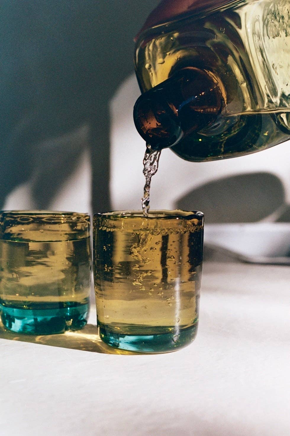 Carafe + Two Minis. Bedside Carafe Set in Aqua/Amber - Handblown, Recycled Glass