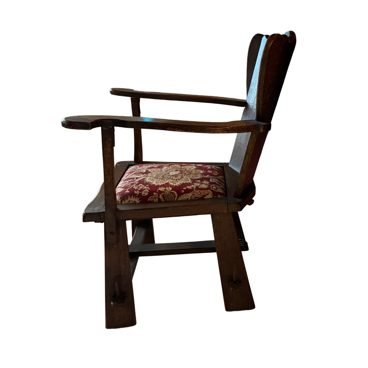 Oak Vintage Chair with Unholstered Red and White Seat