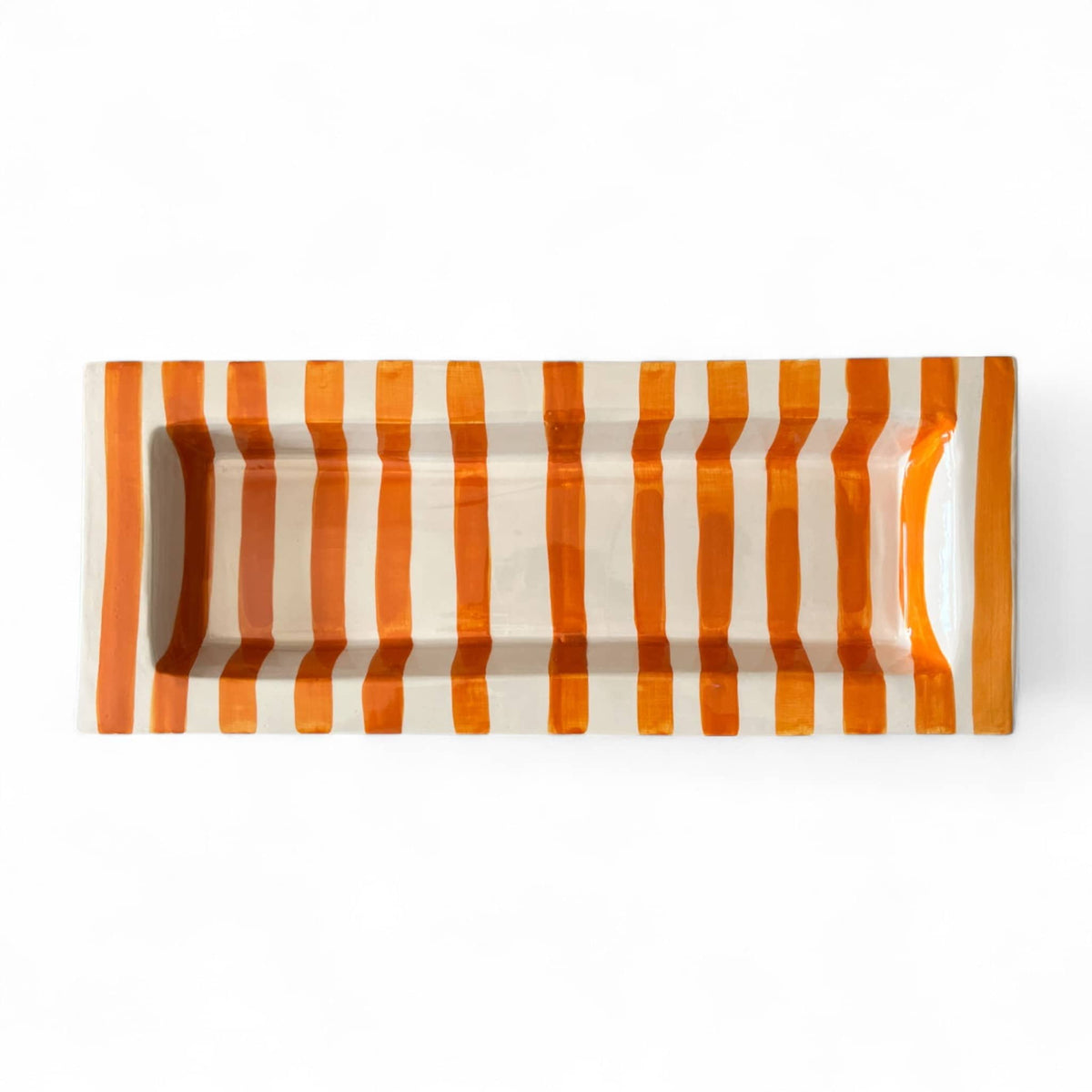 Handmade Striped Ceramic Serving Platter — Orange & White
