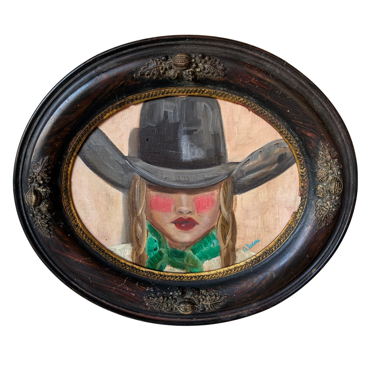 Alison Parsons, Cowgirl with a Green Scarf in a Vintage Oval Frame, 12” x 14”