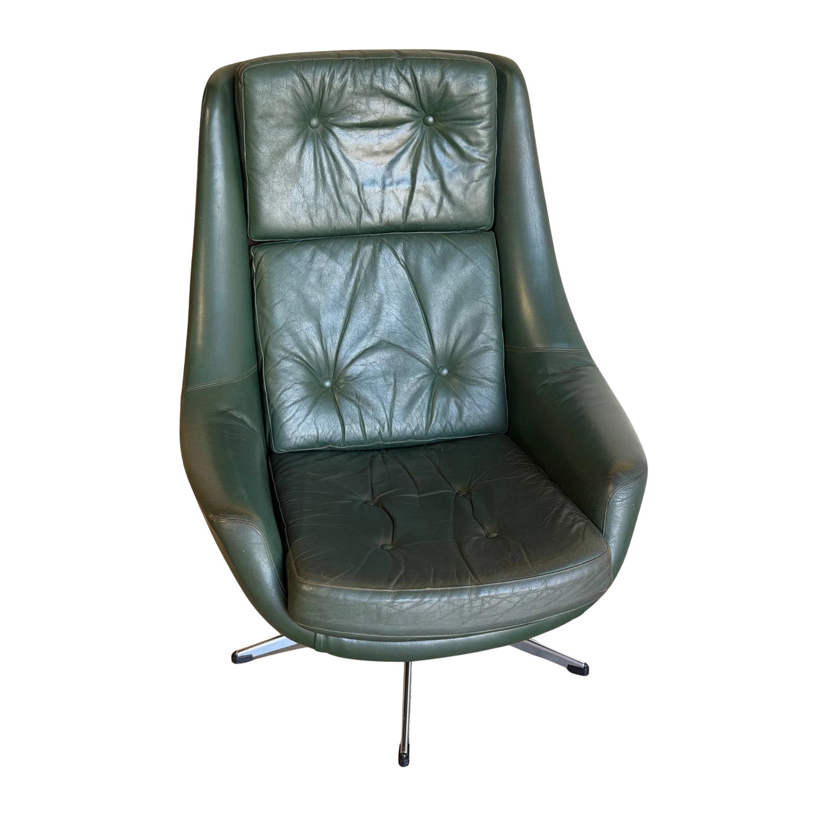 HW Klein for Bramin Green Leather Swivel Lounge Chair Danish Mid-Century Modern 1960s