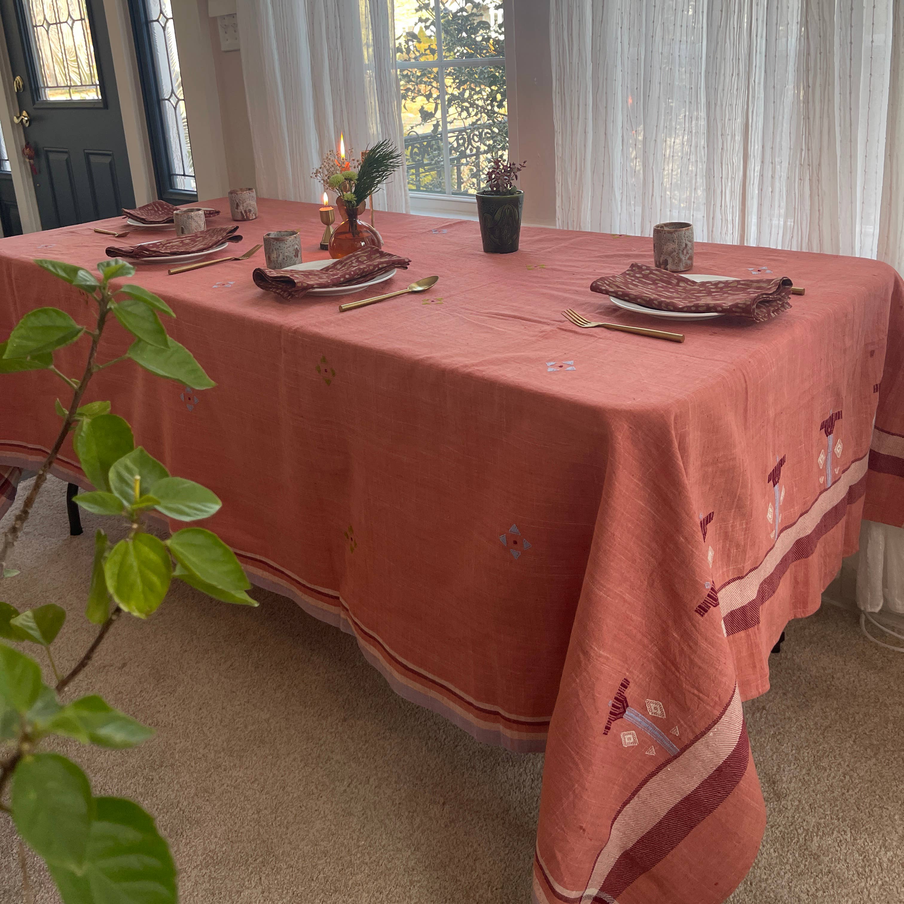 Pink Handwoven Organic Cotton Tablecloth | Indian Summer: 56"x84"