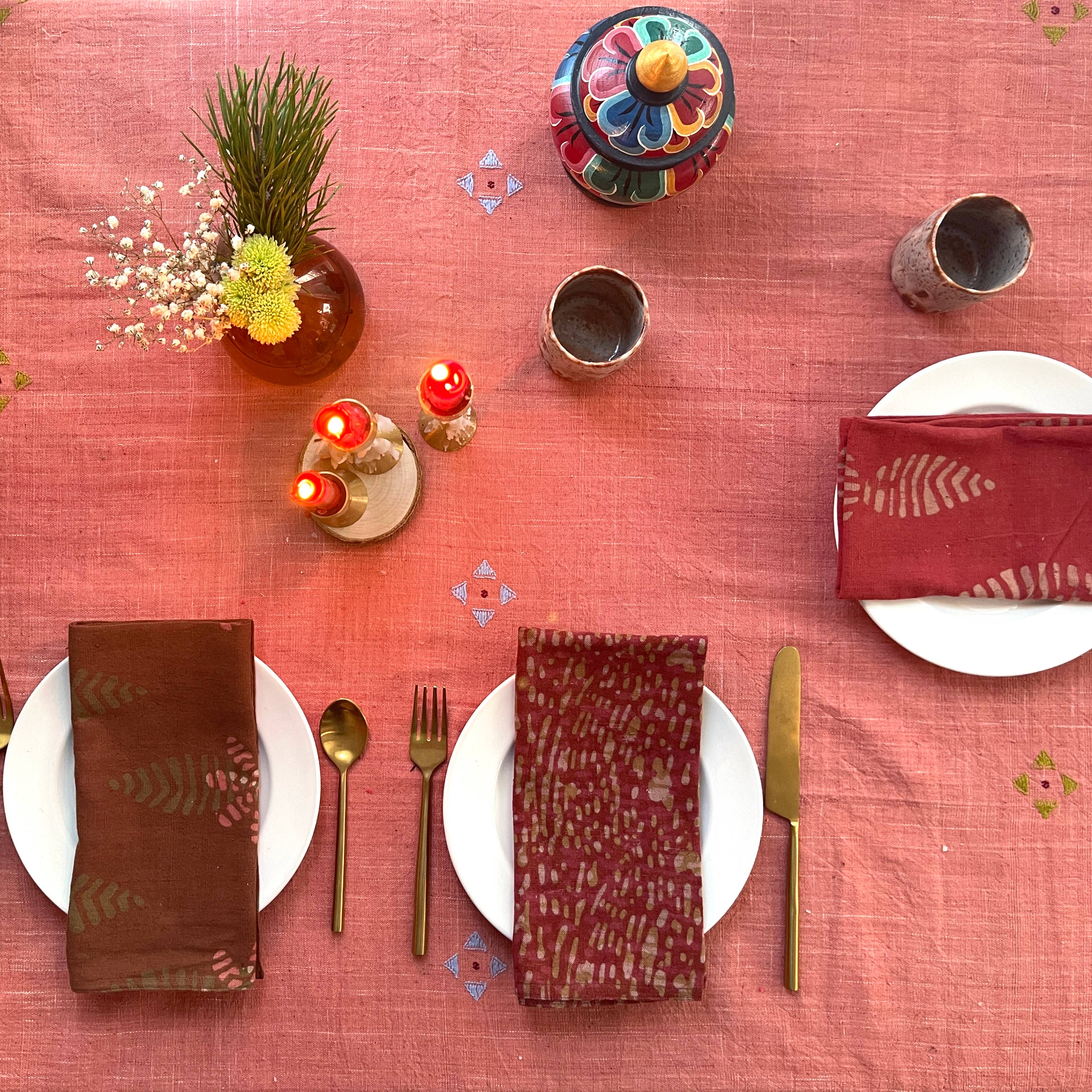 Pink Handwoven Organic Cotton Tablecloth | Indian Summer: 56"x108"