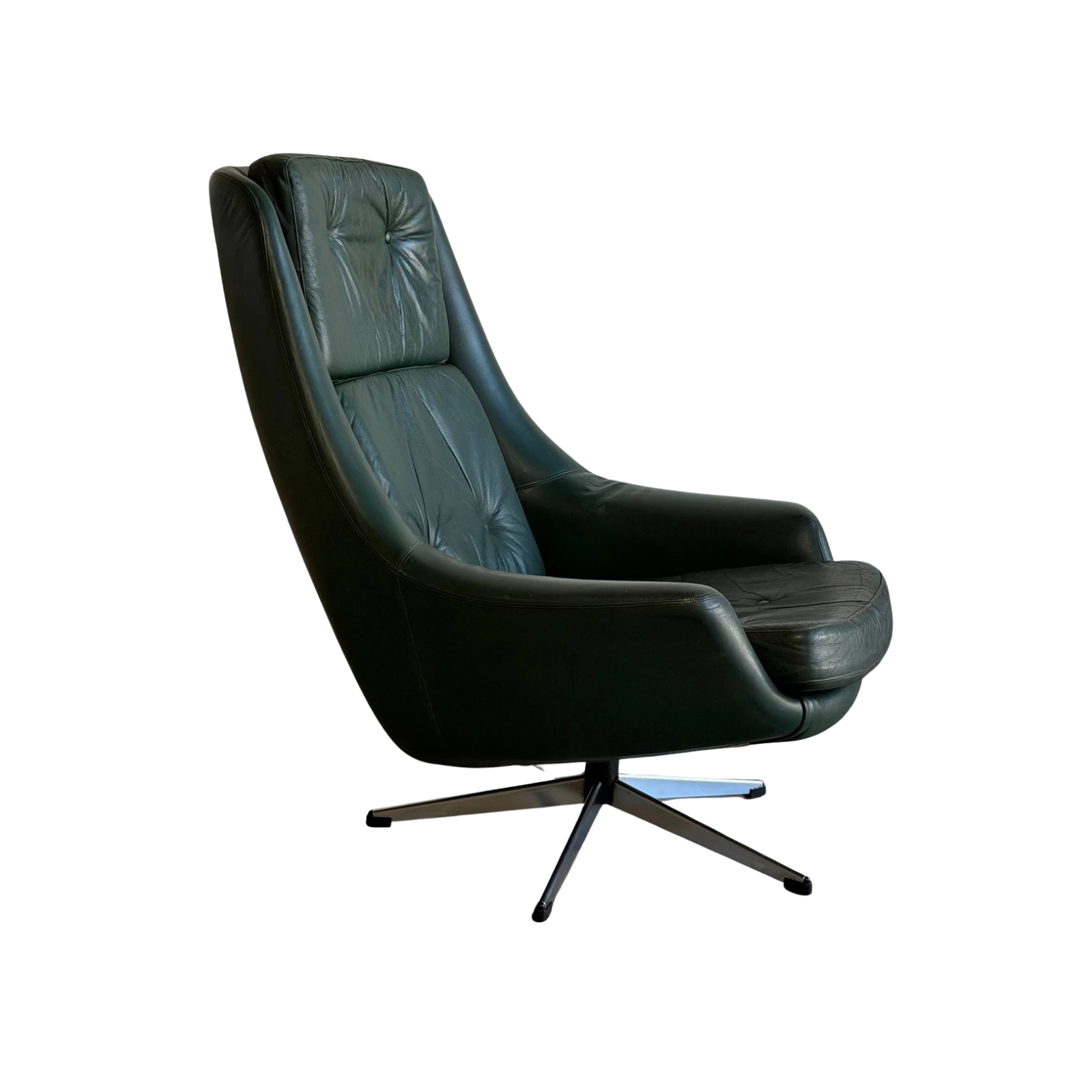 HW Klein for Bramin Green Leather Swivel Lounge Chair Danish Mid-Century Modern 1960s