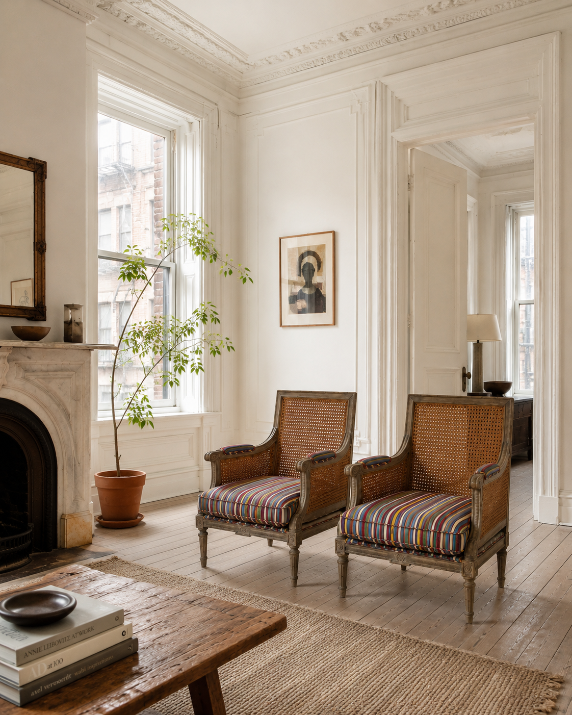 Pair of Square Back Cane Chairs Upholstered in Olivia Dickinson Striped Fabric