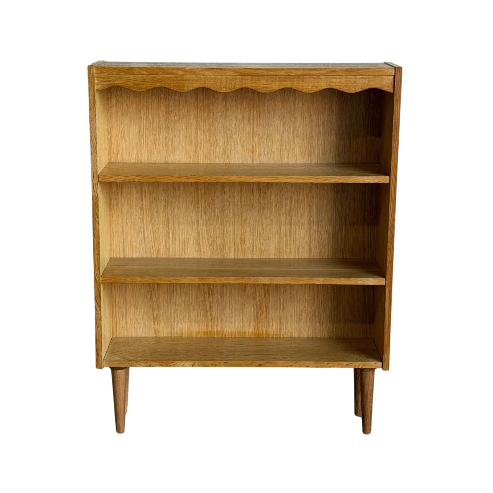Mid-Century Modern Oak Bookcase with 3 Open Shelves Scalloped Top Trim and Tapered Legs Denmark 1960s