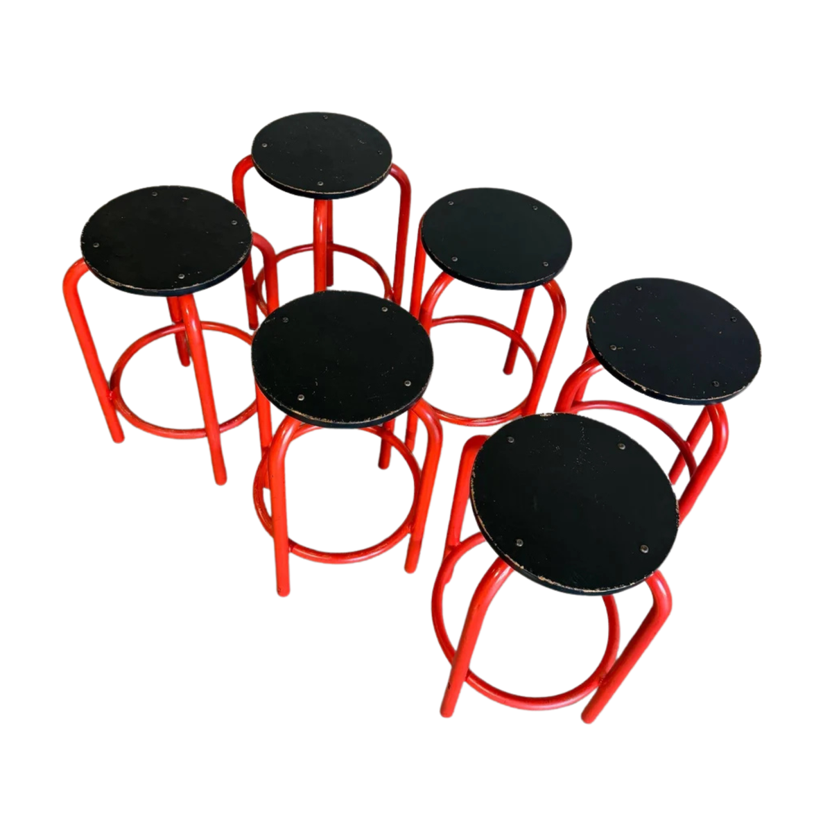 Set of 6 Red Plywood Bar Stools with Metal Frames Mid-Century Modern