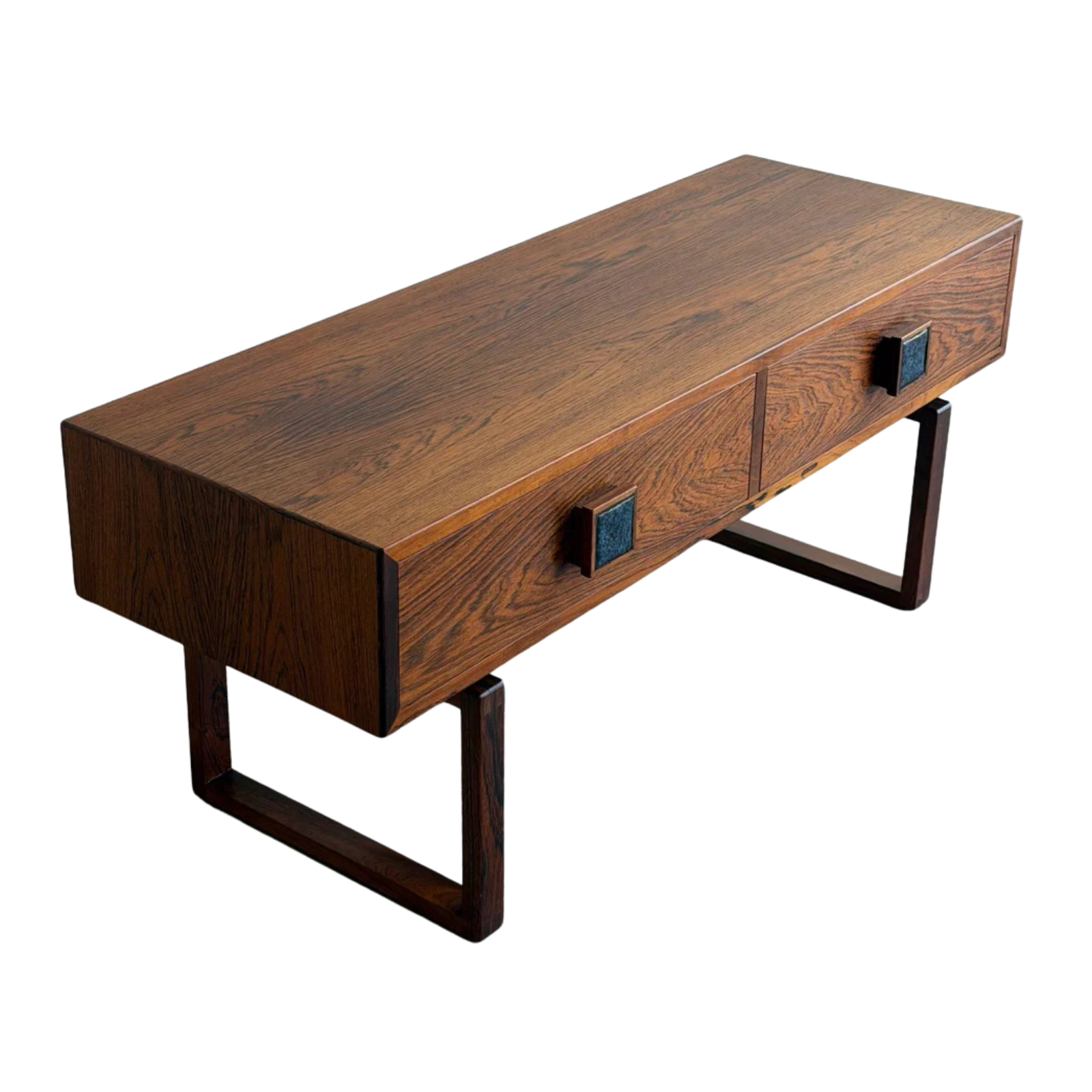 Rosewood 2-Drawer Storage Console with Blue Tile Handles Danish Mid-Century Modern 1970s