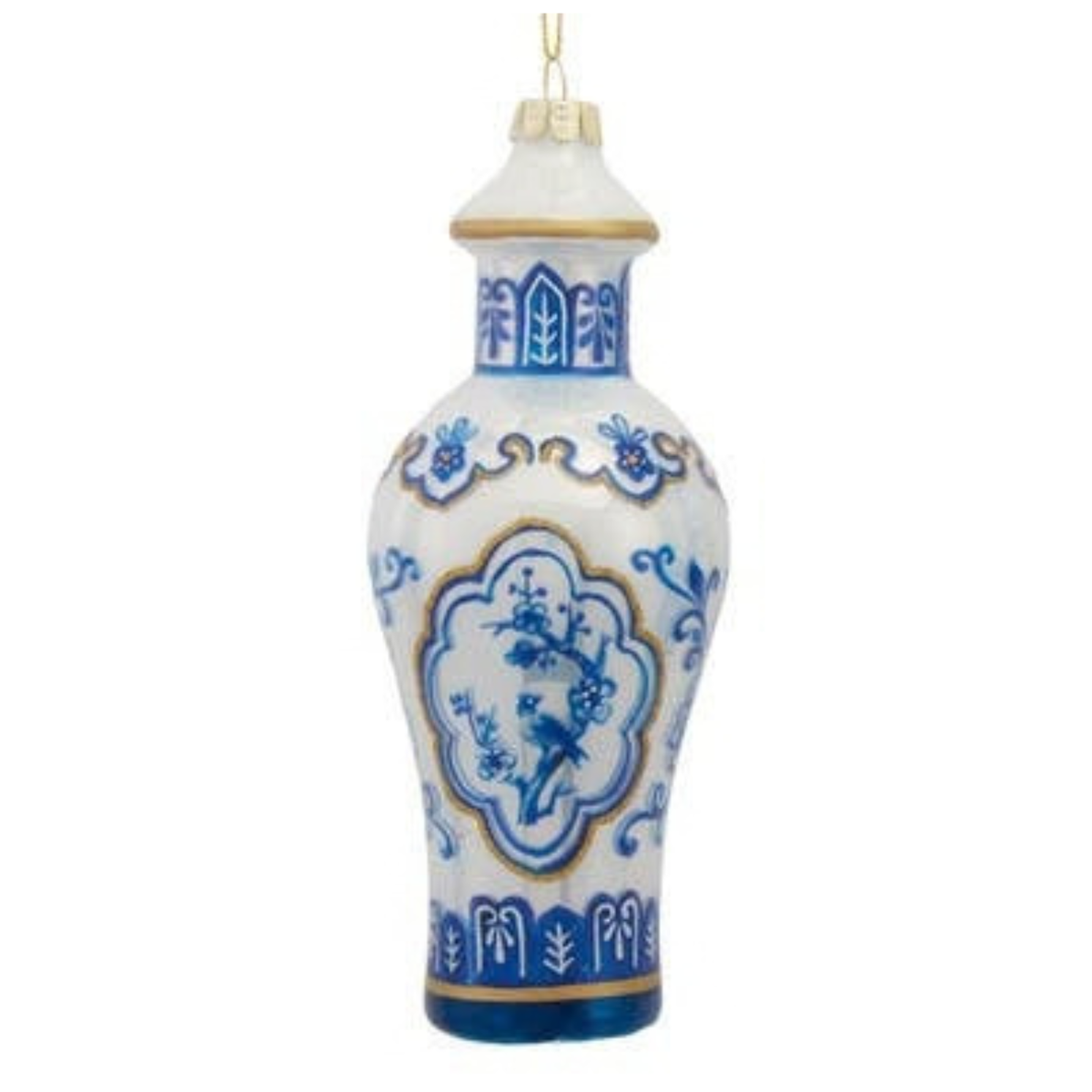 Glass Blue & White Vase Ornament, 5.5”