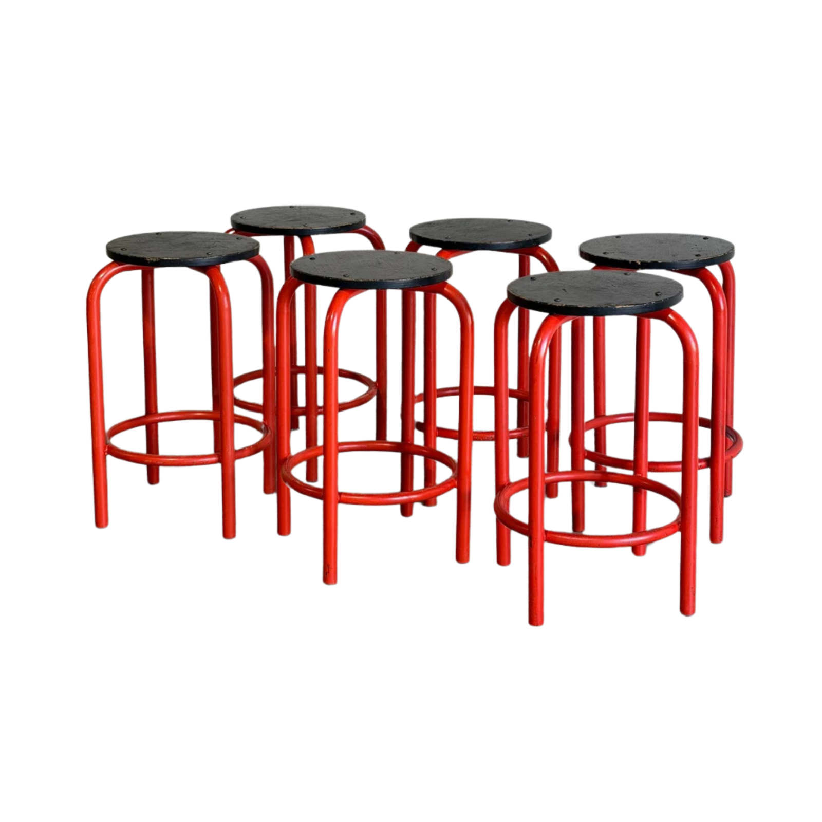 Set of 6 Red Plywood Bar Stools with Metal Frames Mid-Century Modern