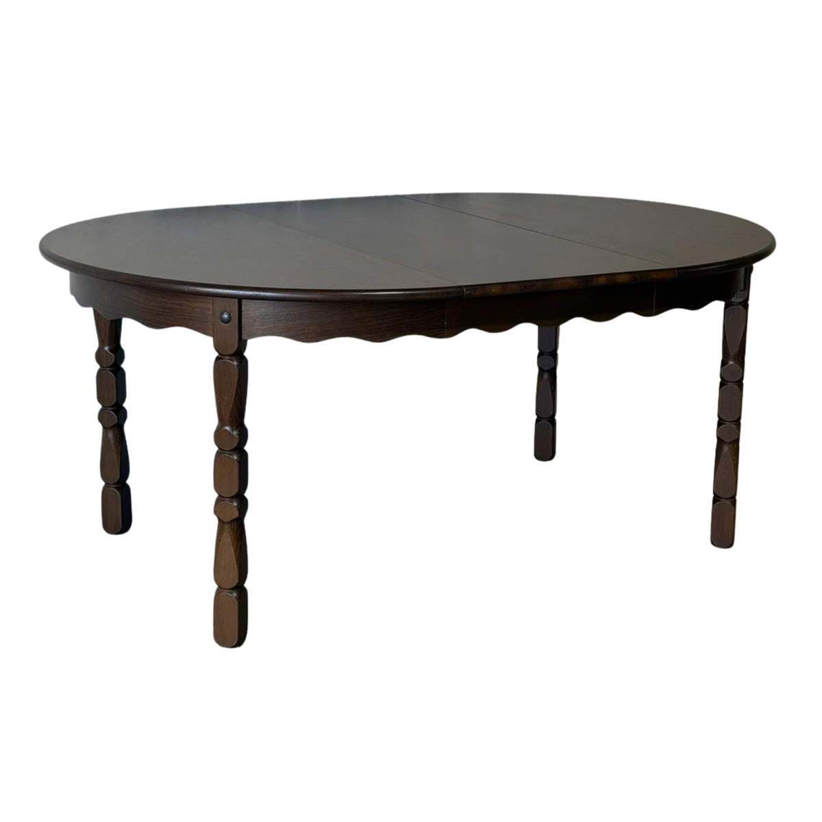 Dark Oak Extendable Round Dining Table with Scalloped Apron and Turned Legs Vintage 1970s