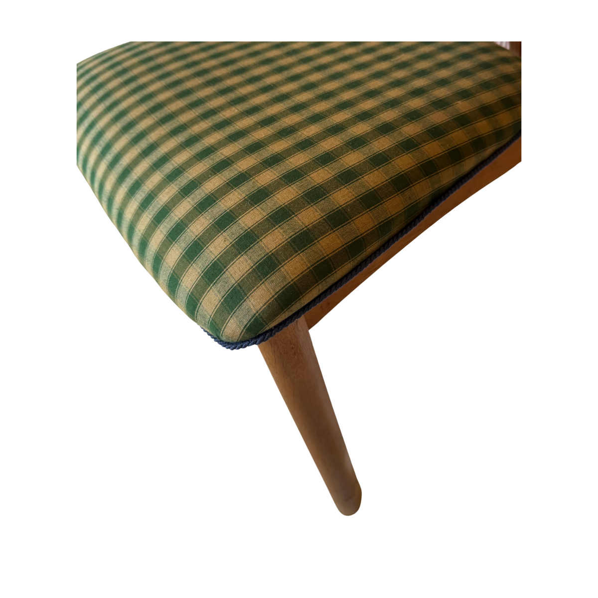 Vintage Dining Chairs, Checkered Green Organic Cotton Upholstered Seats (Set of 5)