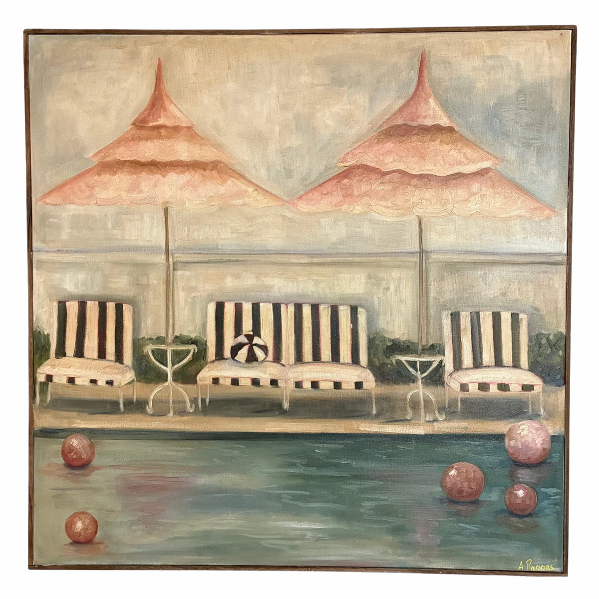 Alison Parsons, Pool Scene With Pink Umbrellas, 30.5” x 30.5”