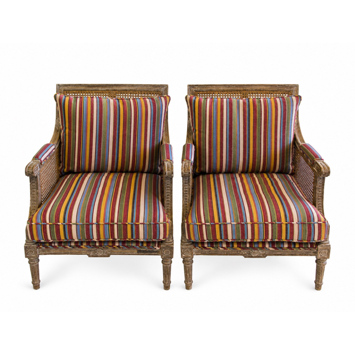 Pair of Square Back Cane Chairs Upholstered in Olivia Dickinson Striped Fabric
