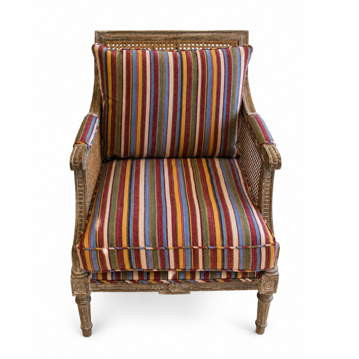 Pair of Square Back Cane Chairs Upholstered in Olivia Dickinson Striped Fabric