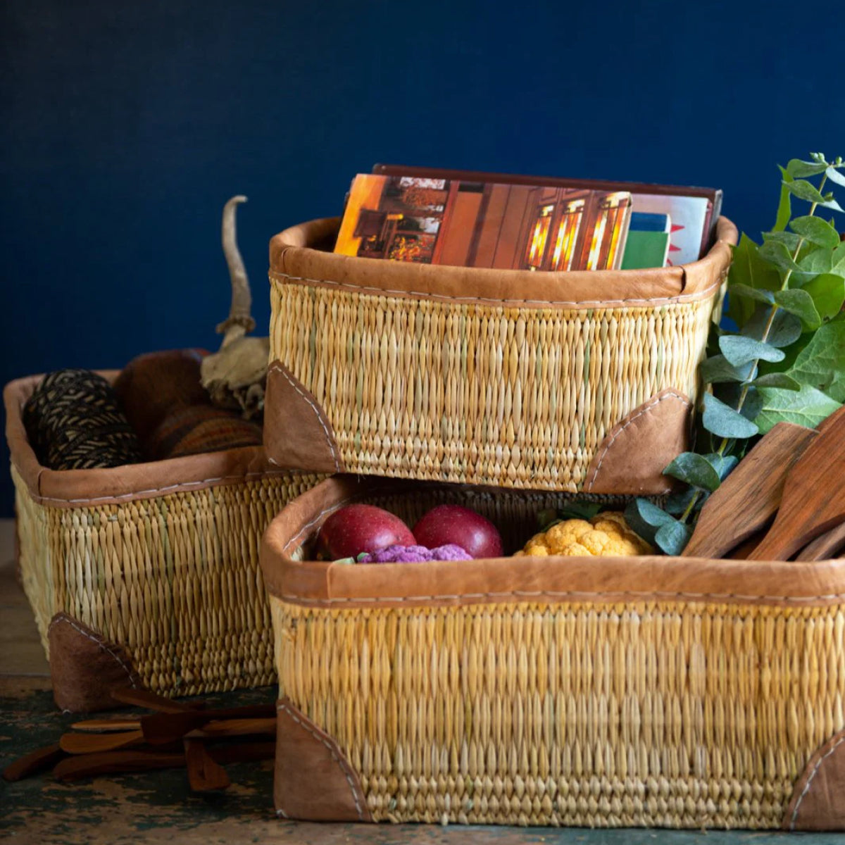 Small Leather Trimmed Storage Baskets