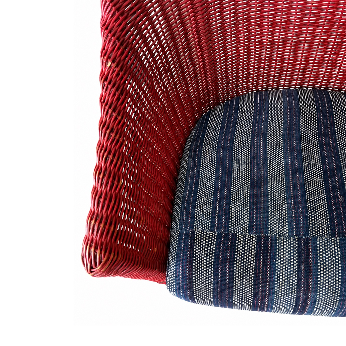 Vintage Red Wicker Chair with Custom Reupholstered African Cloth Cushion
