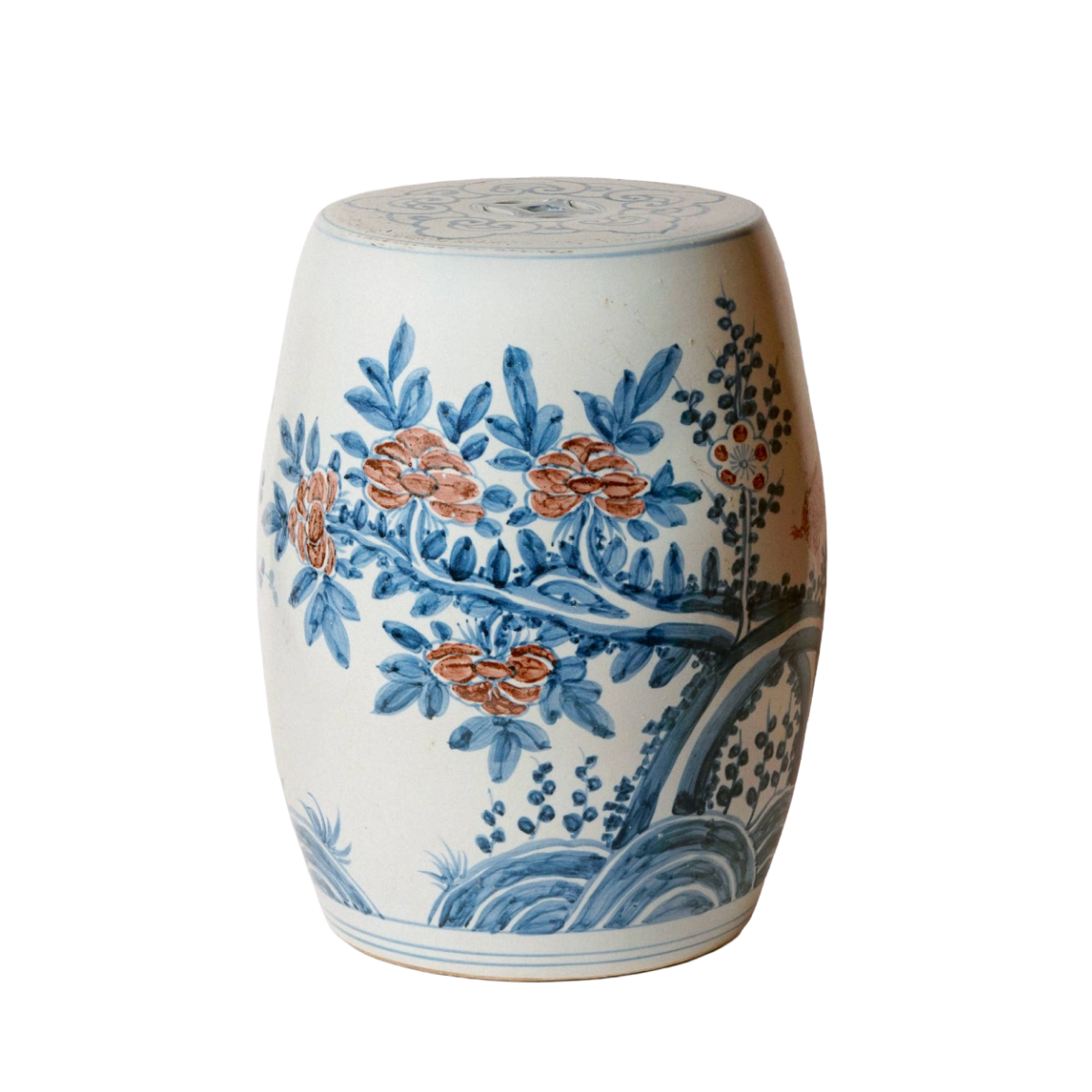 Red and Blue Porcelain Bird and Flower Garden Seat