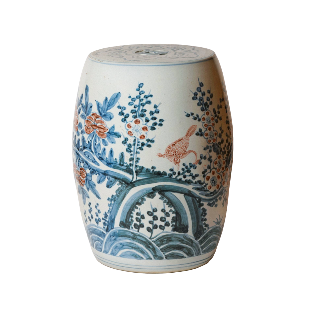 Red and Blue Porcelain Bird and Flower Garden Seat