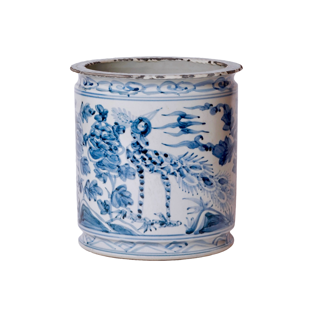 Rustic Peacock Blue and White Porcelain Cachepot