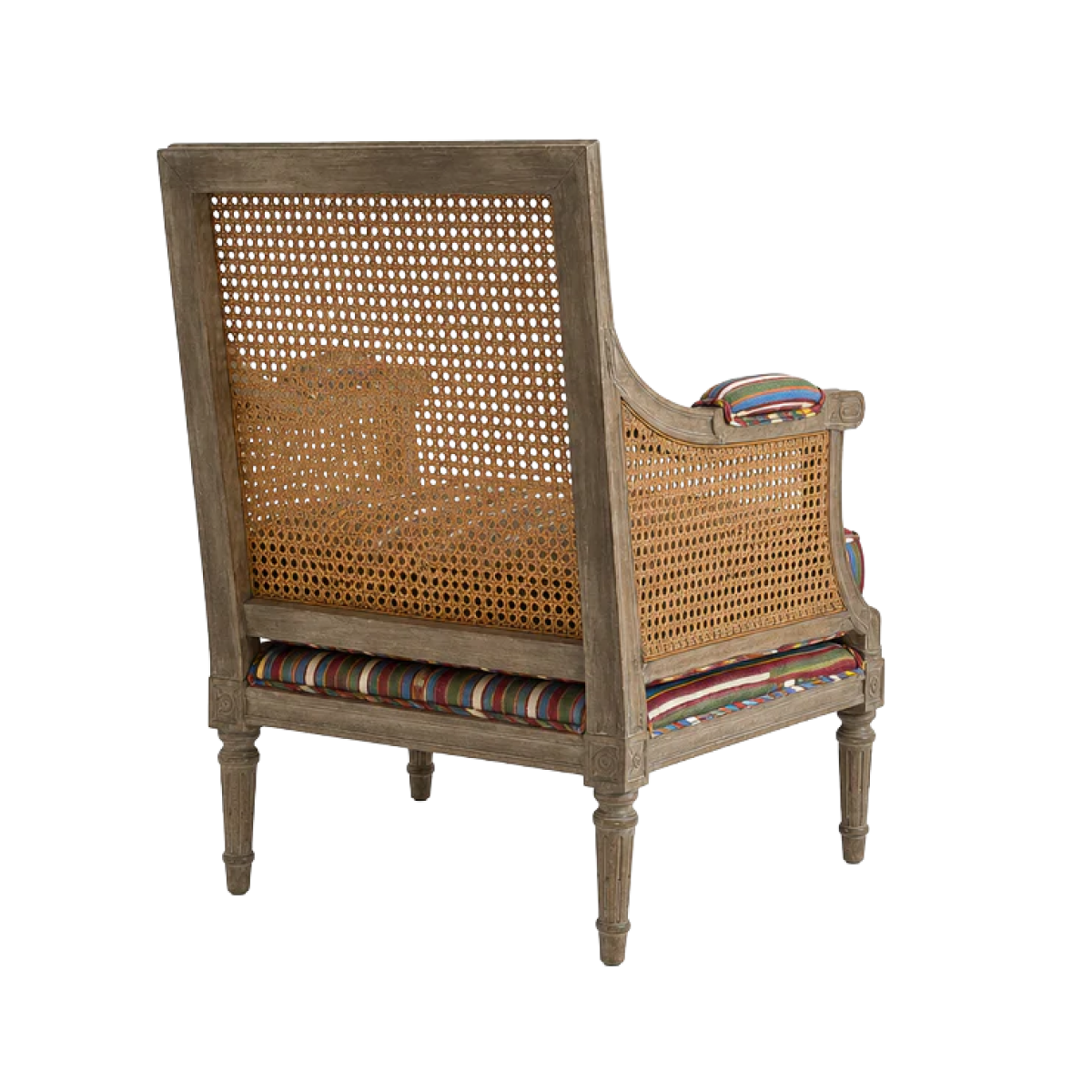 Pair of Square Back Cane Chairs Upholstered in Olivia Dickinson Striped Fabric