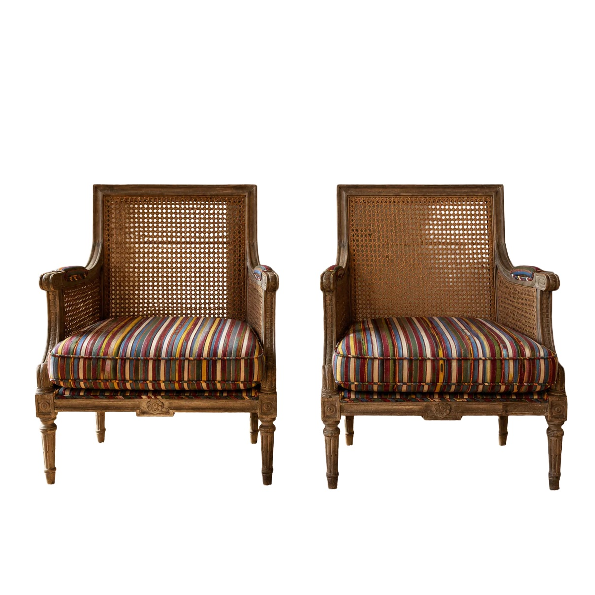Pair of Square Back Cane Chairs Upholstered in Olivia Dickinson Striped Fabric
