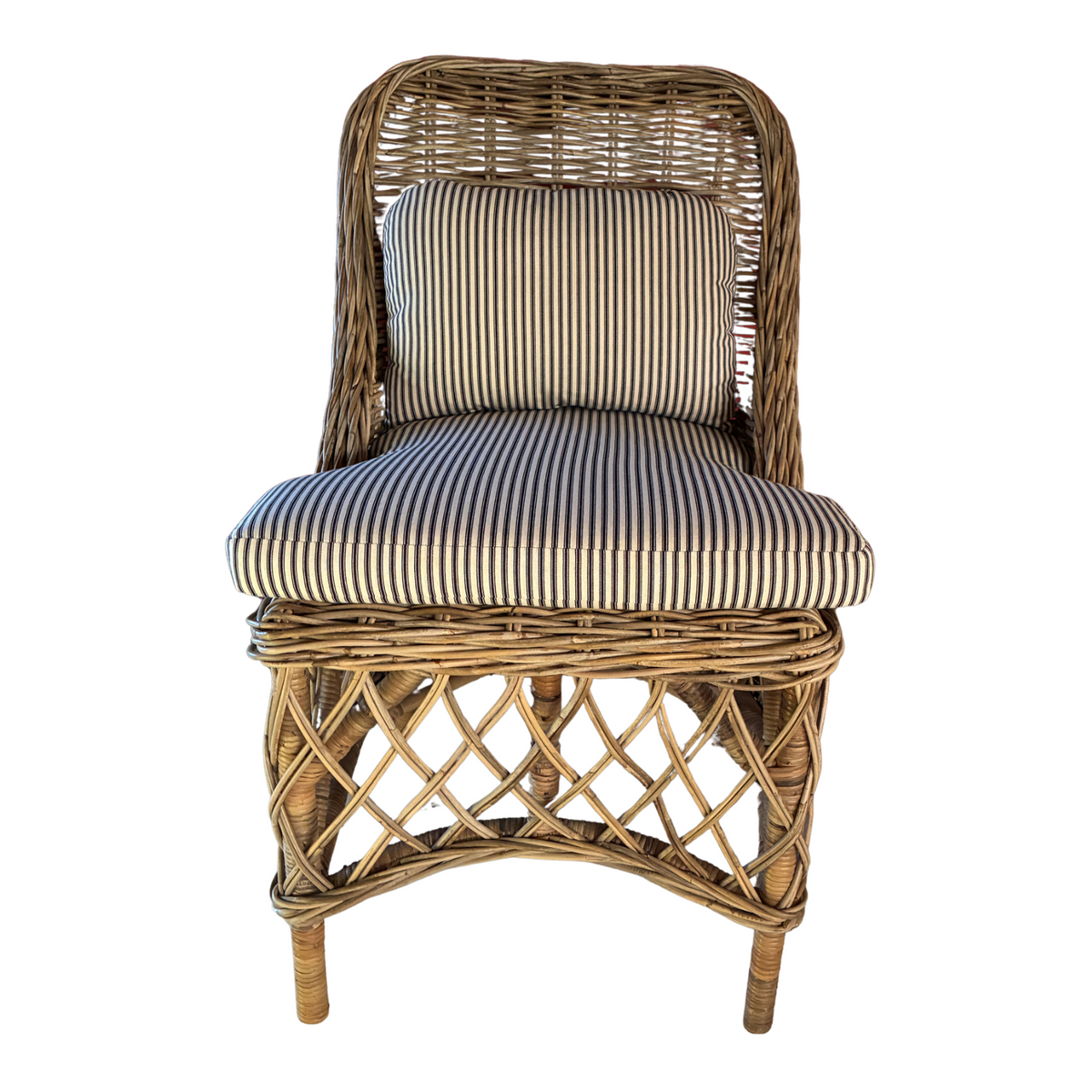 Vintage Wicker Works Dining Chair with Custom Ticking Stripe Cotton Cushions