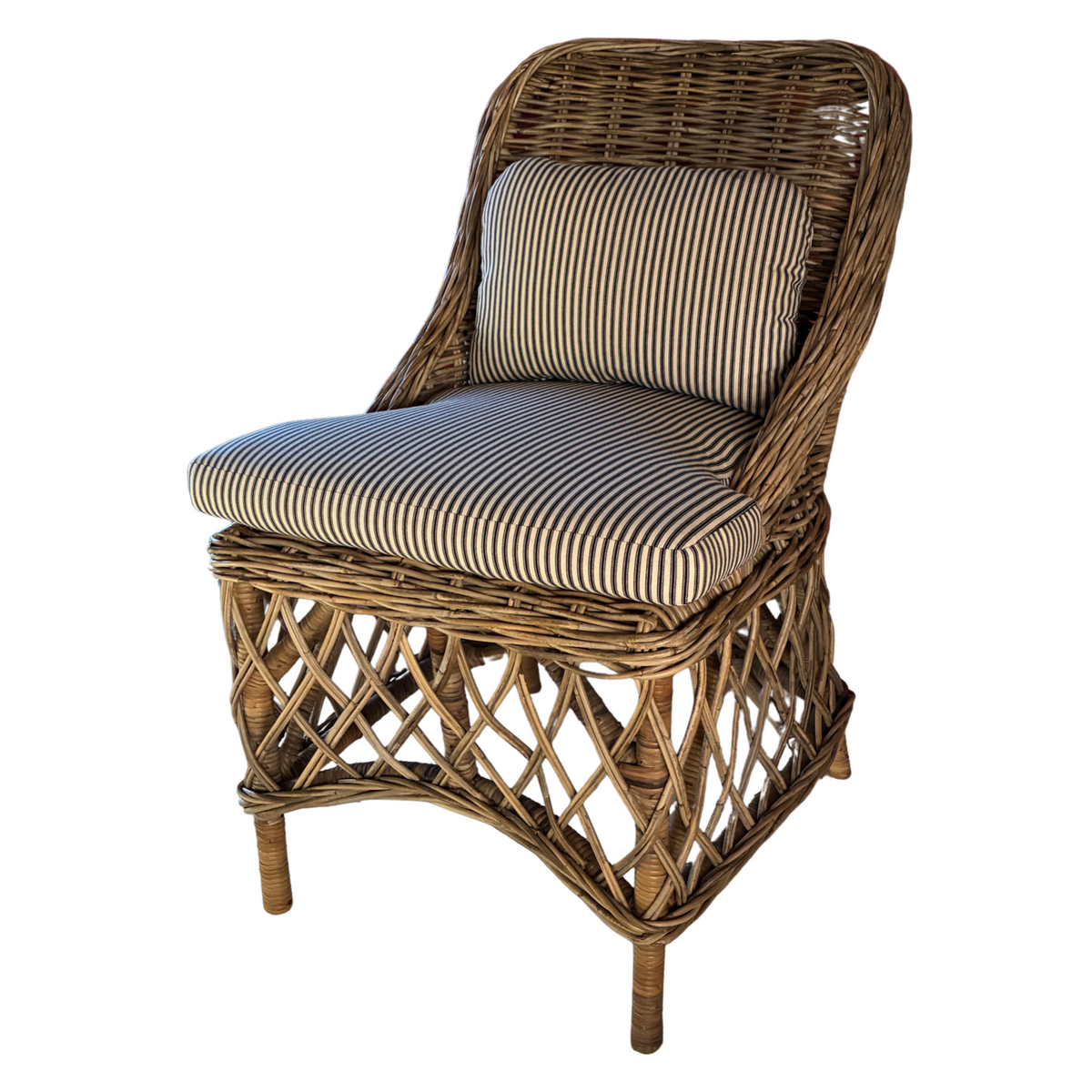 Vintage Wicker Works Dining Chair with Custom Ticking Stripe Cotton Cushions