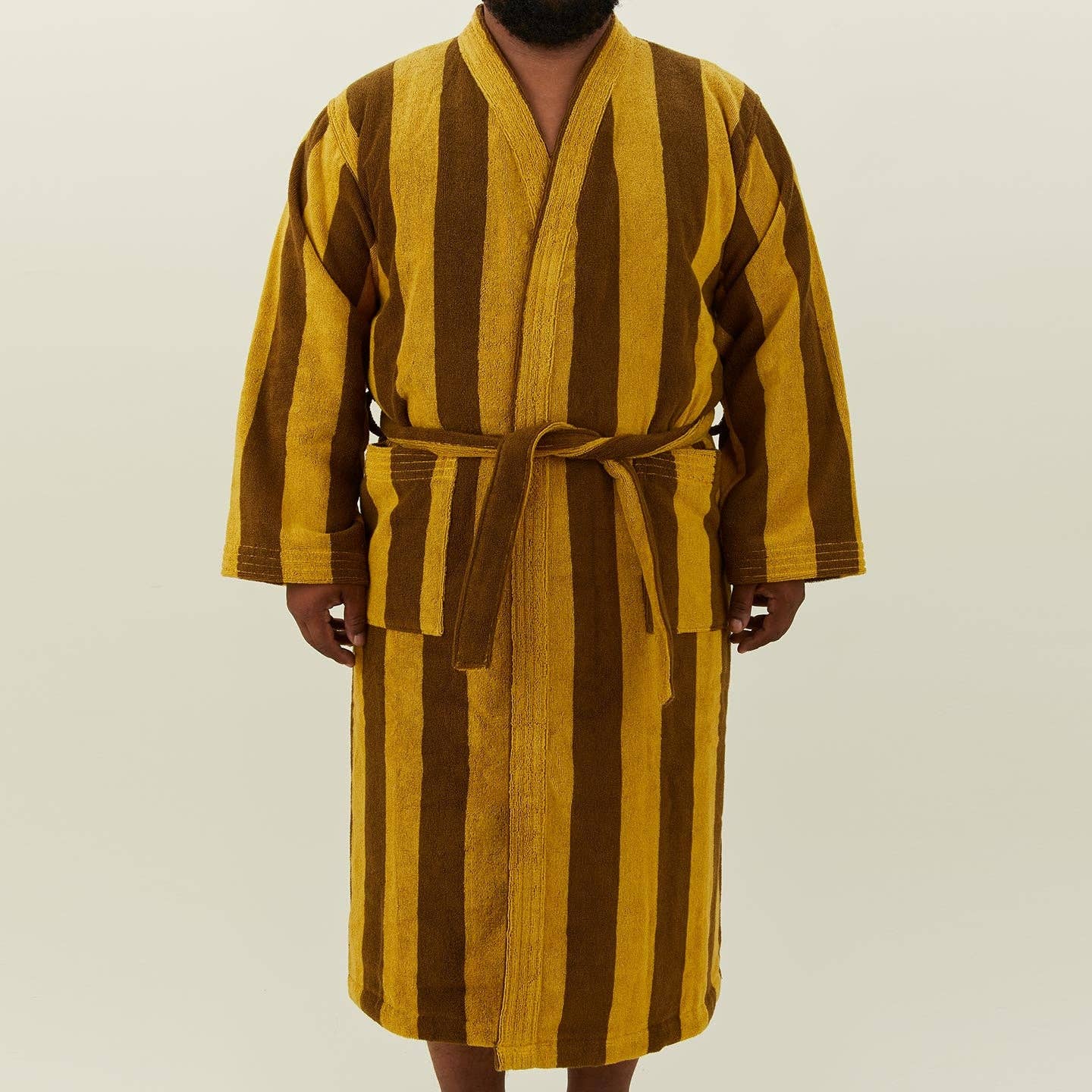 Simple Striped Terry Bathrobe- Mustard/Bronze: Large