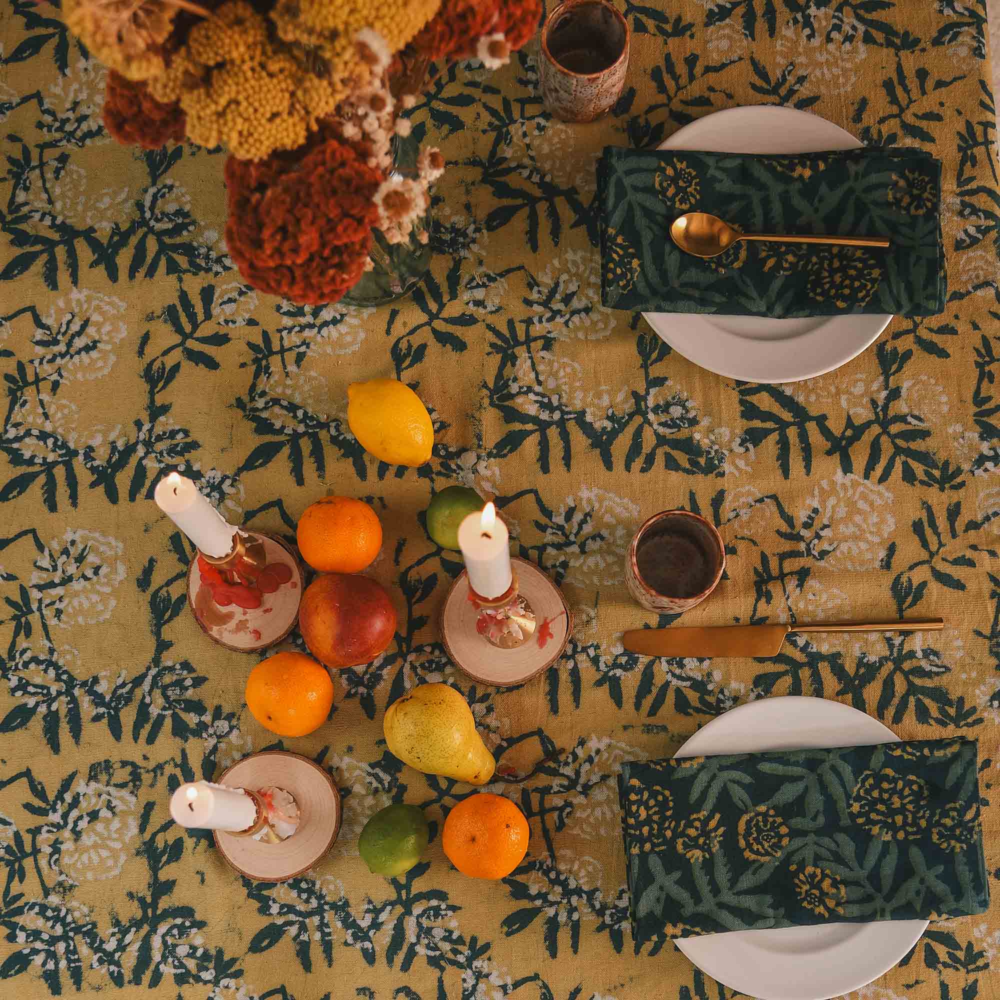 Organic Cotton Block Print Tablecloth | Flower Field: 56"x84"