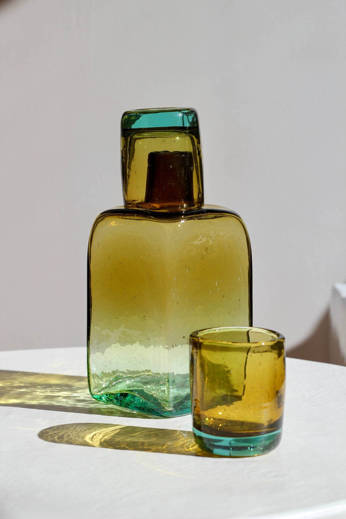 Carafe + Two Minis. Bedside Carafe Set in Aqua/Amber - Handblown, Recycled Glass