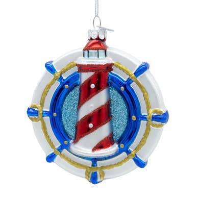 Noble Gems, Glass Lighthouse On Ship Wheel Ornament