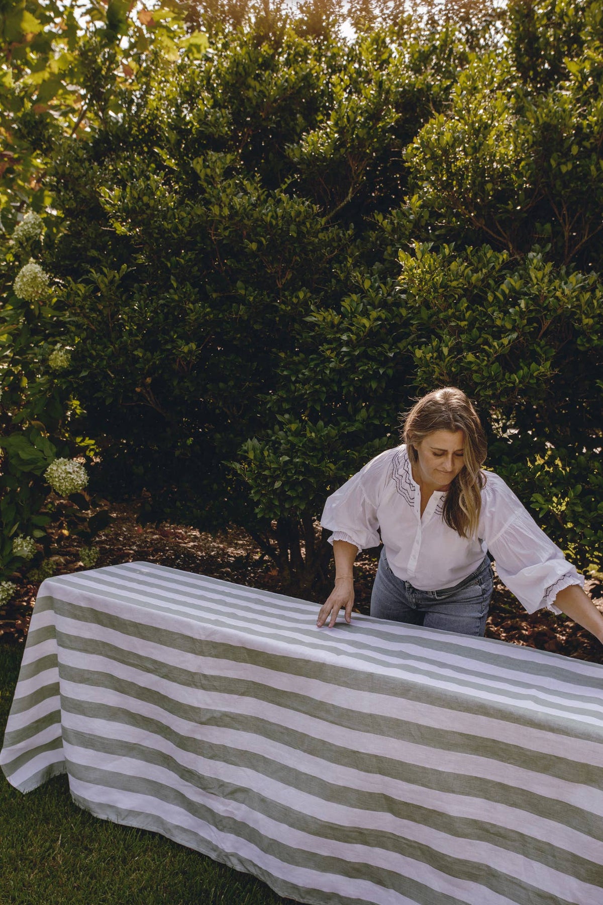 Linen Tablecloth - Broad Stripe in Sage