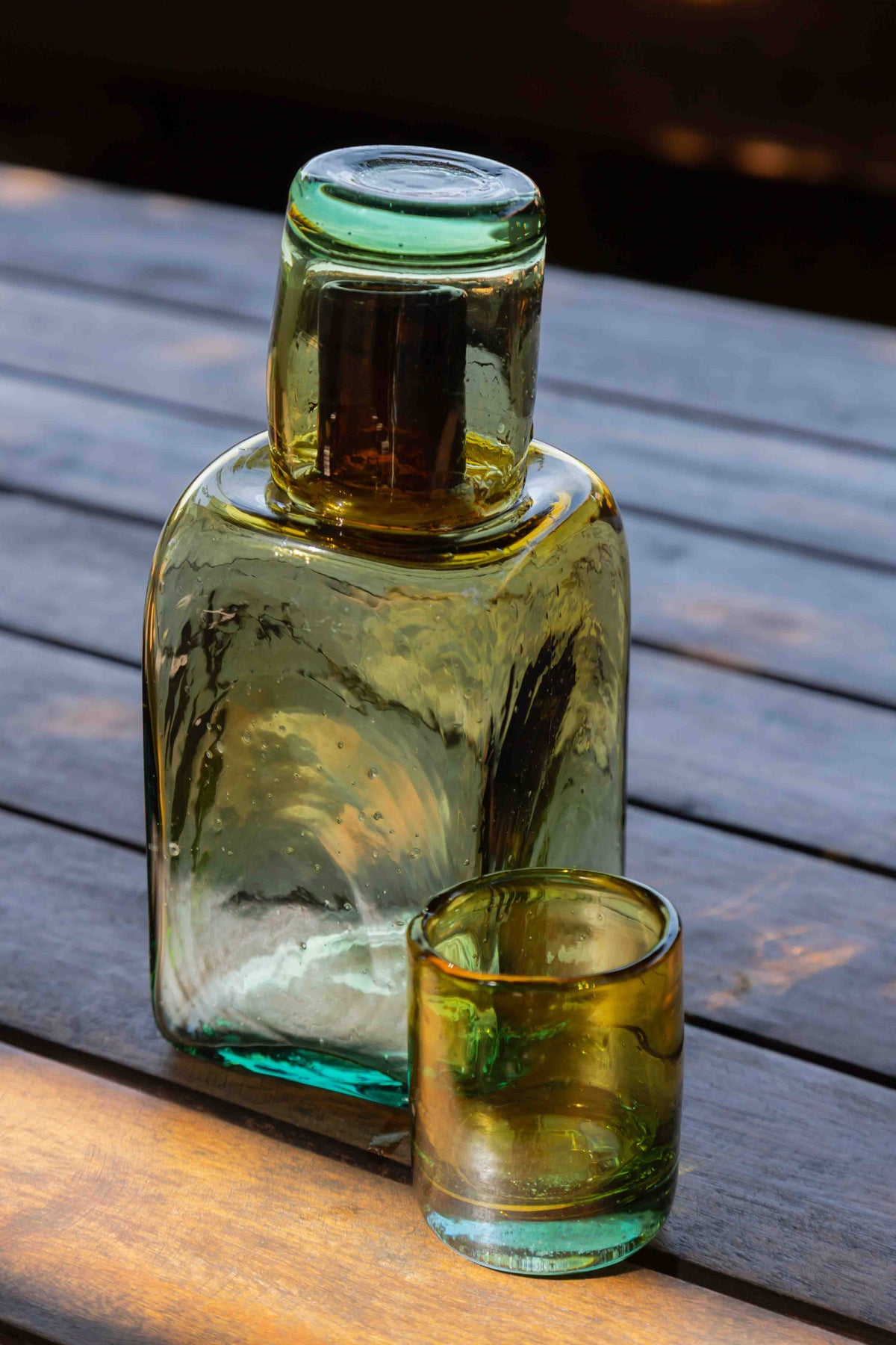 Carafe + Two Minis. Bedside Carafe Set in Aqua/Amber - Handblown, Recycled Glass