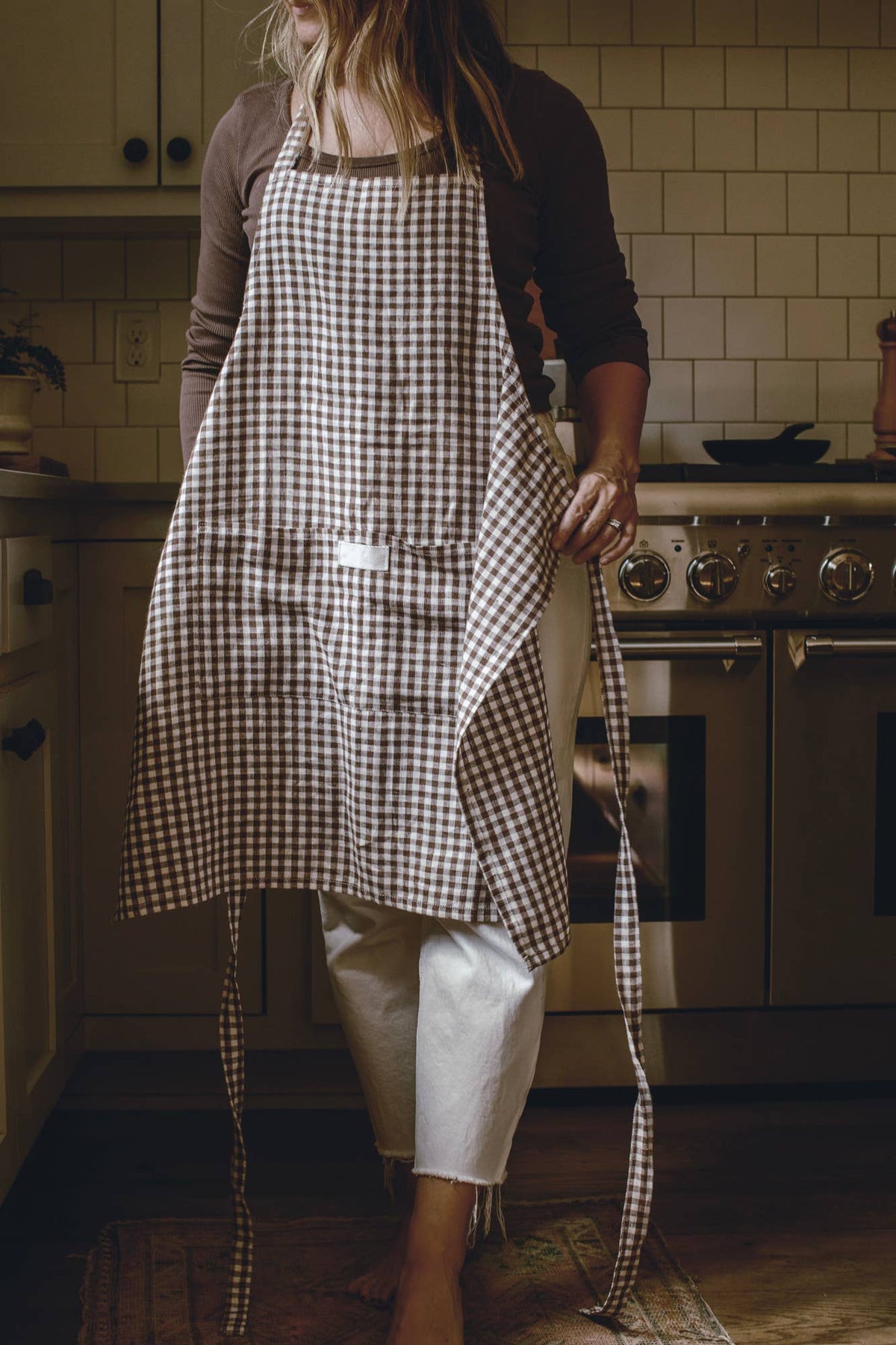 Apron -  Linen Adult Apron in Brown Mini Gingham in Jar