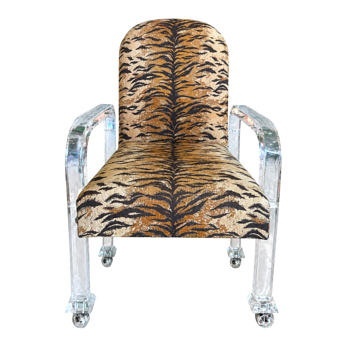 Vintage 1970s/1980s Hollywood Regency-style Thick Lucite Armchair with Animal Print Upholstery on Casters.
