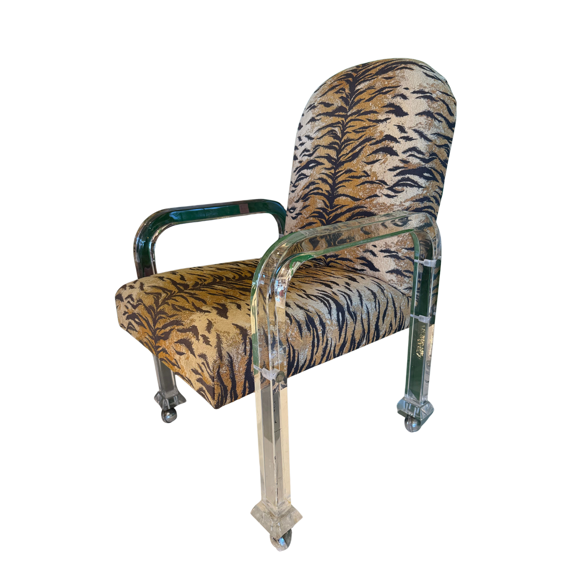Vintage 1970s/1980s Hollywood Regency-style Thick Lucite Armchair with Animal Print Upholstery on Casters.